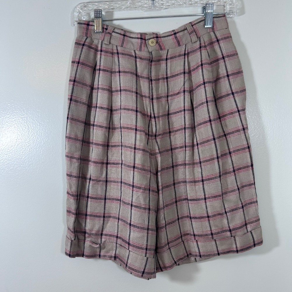 Charter Club Vintage Plaid Pleated Shorts Beige Red Linen Blend Cuffed Size 6